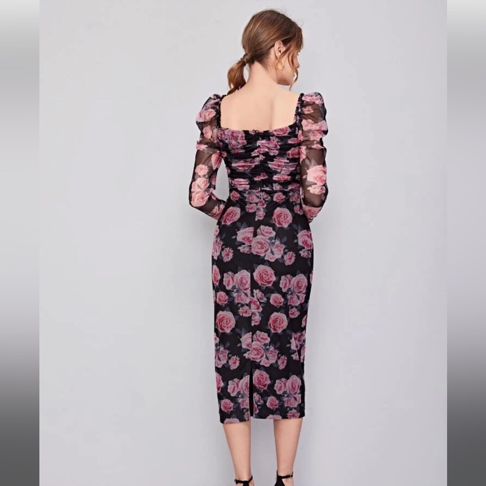 Shein Emery Rose Ruched Detail Gigot Sleeve Floral Dress Size M - Picture 2 of 5